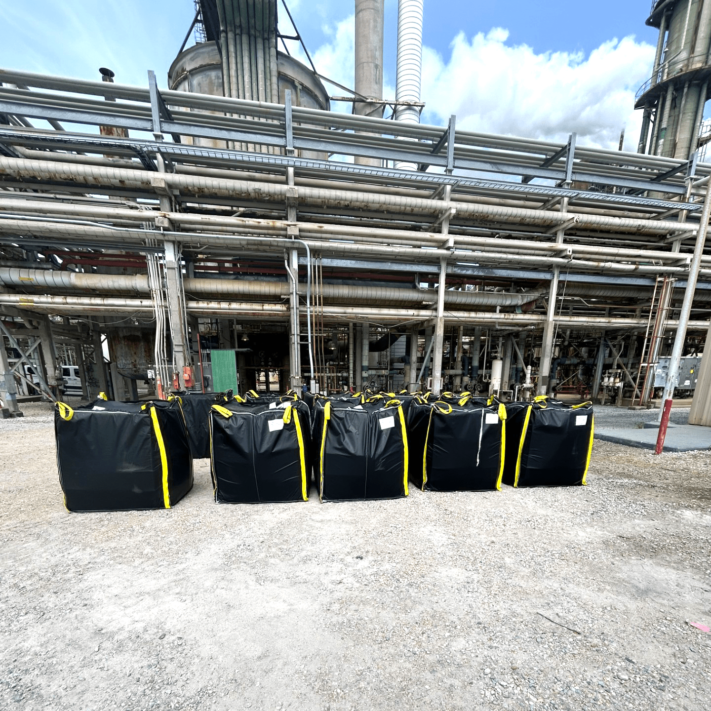 [E] Catalyst Bag- Bags Lined Up at Industrial Site (Square)